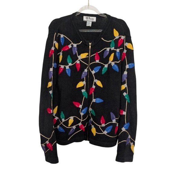 Vintage All Points Christmas Lights Cardigan Womens Size Medium Black Full Zip - Picture 1 of 14